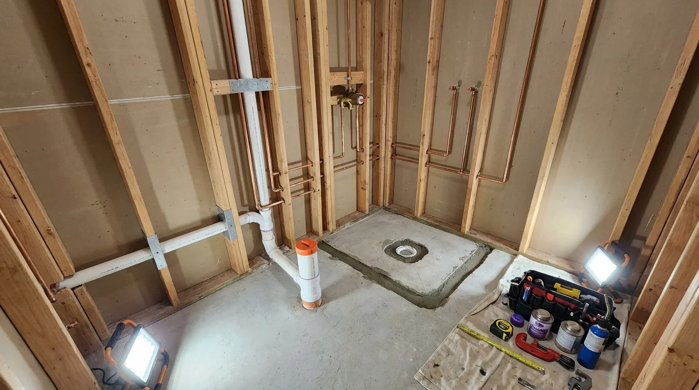 Bathroom rough-in plumbing during remodel by Johns Plumbing LLC in Williston