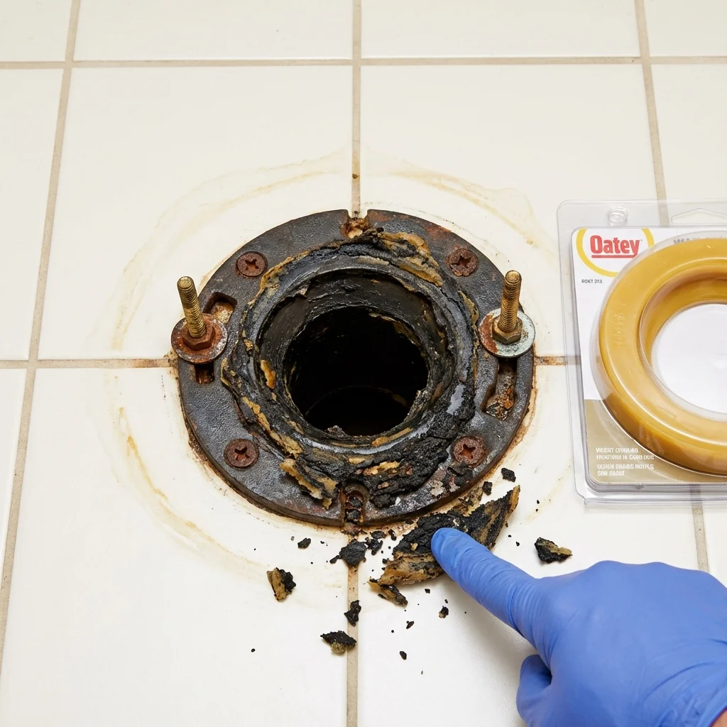 Failed wax ring showing water seepage at the base of a toilet in a Williston, SC home