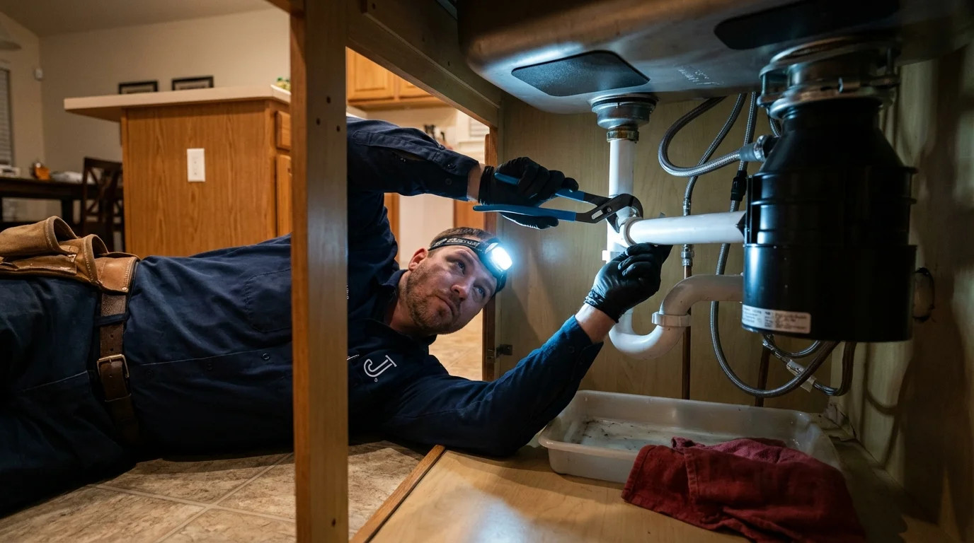 P-trap and supply line connections under a kitchen sink showing a common leak point in Williston, SC